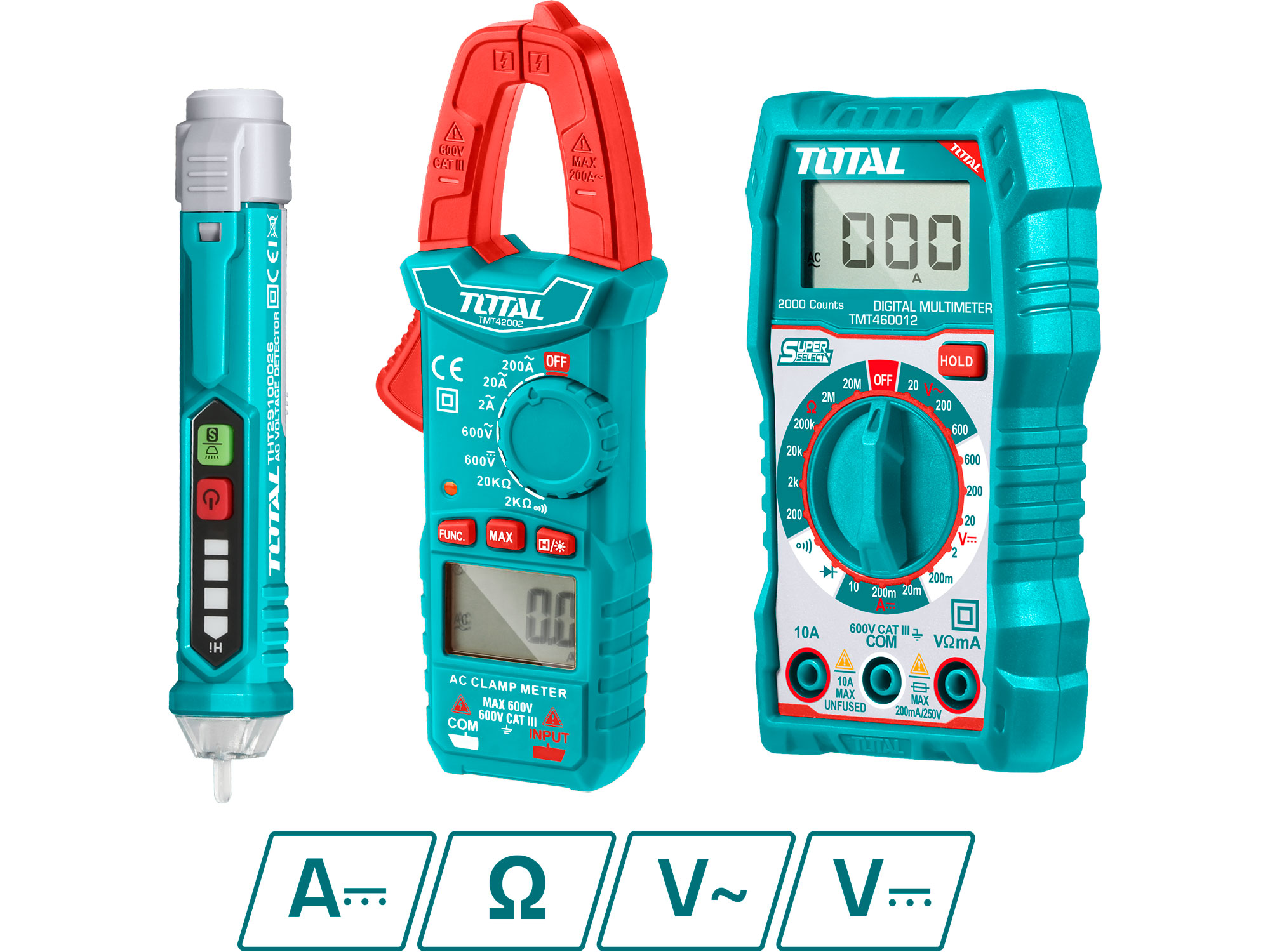 Set composé d'un multimètre numérique, d'un multimètre à pince et d'un testeur de tension alternative, Total Set composé d'un multimètre numérique, d'un multimètre à pince et d'un testeur de tension alternative, Total